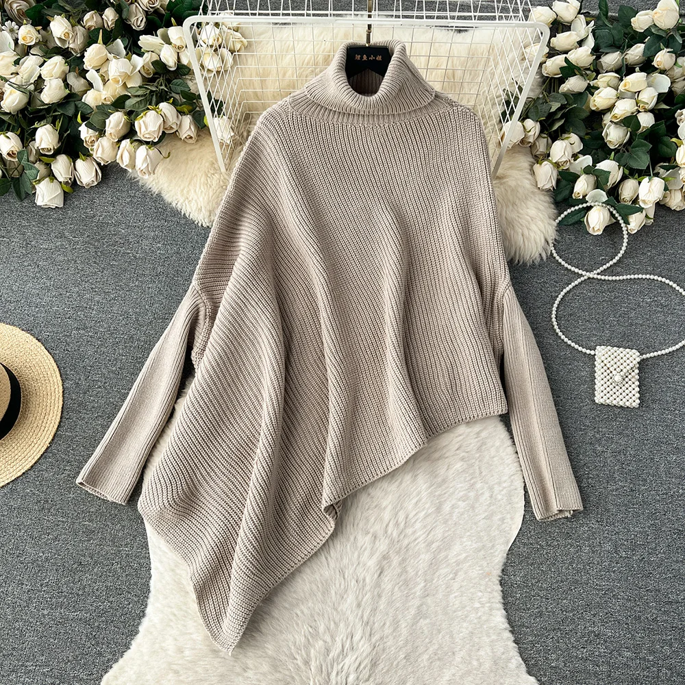 Croysier Women Sweaters Elegant Turtleneck Long Sleeve Knit Sweater Streetwear Fashion Asymmetric Hem Pullover Sweater Jumper