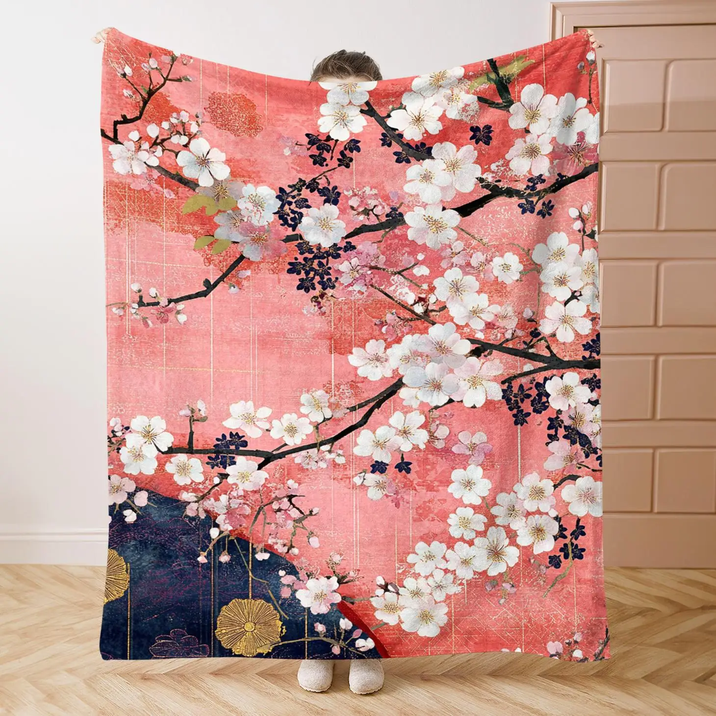 Cherry blossom flower pattern blanket soft flannel blanket suitable for all seasons suitable for use on beds sofas for travel