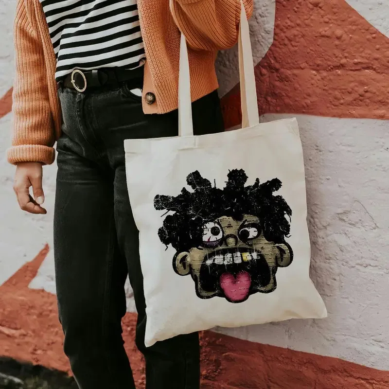 Vintage Distorted Hip Hop Man Canvas Tote Bag Retro Cartoon Face Print Casual Shopping Shoulder Bag Aesthetic Gift for Friends