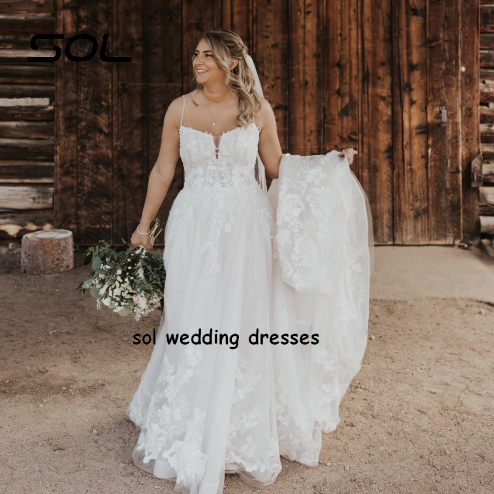 Vestido De Novia De encaje con tirantes finos para mujer, vestido De Novia con línea A, tren De barrido, Sol Mordern