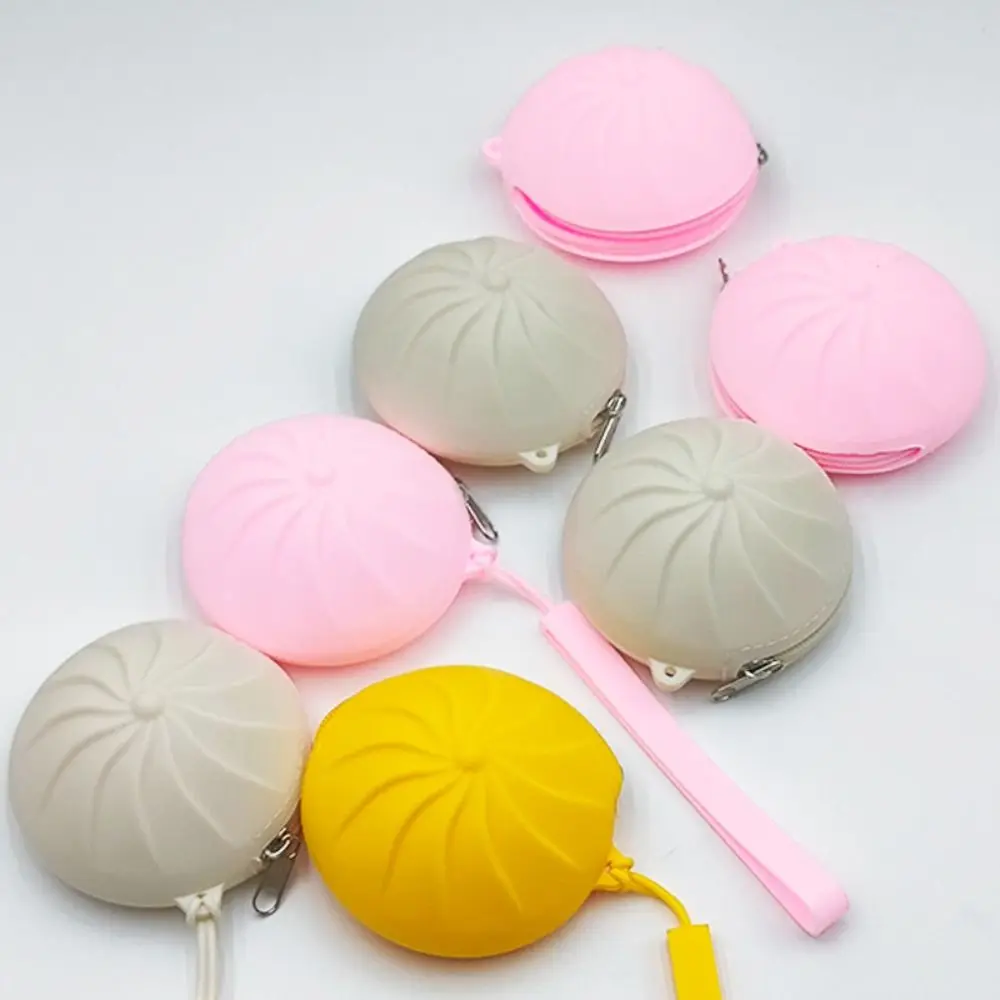 With Keychain Steamed Bun Coin Purse Zipper Closure Cute Design Simulation Food Bag Silicone Compact Size Squishy Keychain Pouch