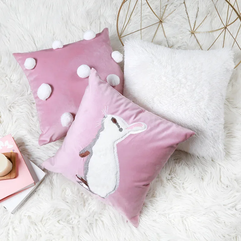 Pink Velvet Pillow Case Ins 3D Pattern Cute Fur Ball Sofa Pillow Korean Office Cushion Cover 45x45cm Princess Decoration