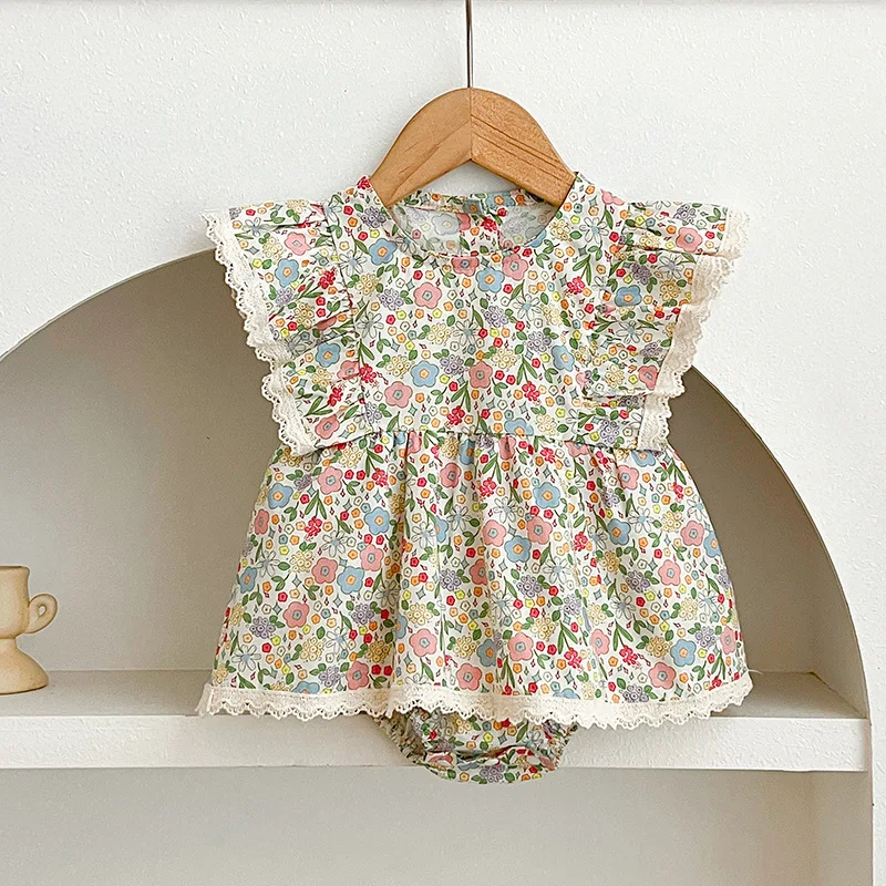 Baby Girl Summer Floral Flutter Sleeve Romper Dress Soft Cotton Newborn Casual Outdoor Outfit Daily Wear Photoshoot 0-24M
