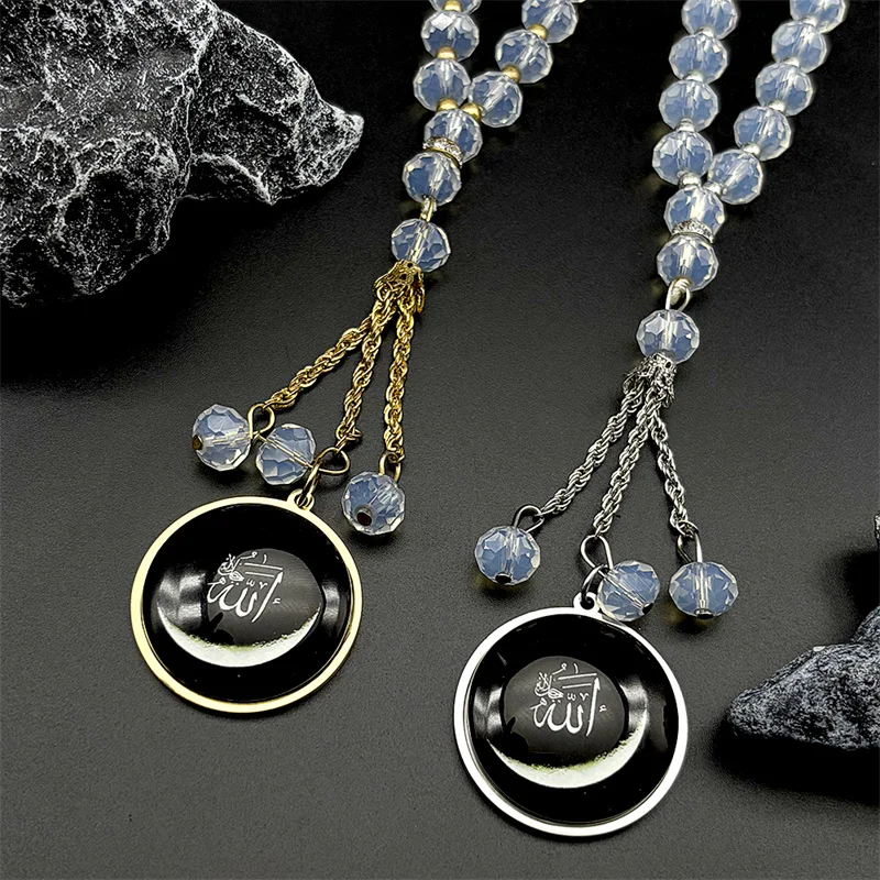 무슬림 이슬람 알라 초승달 유리 자동차 펜던트 체인 남녀용 스테인리스 스틸 골드 컬러 아랍 부적 체인 장신구