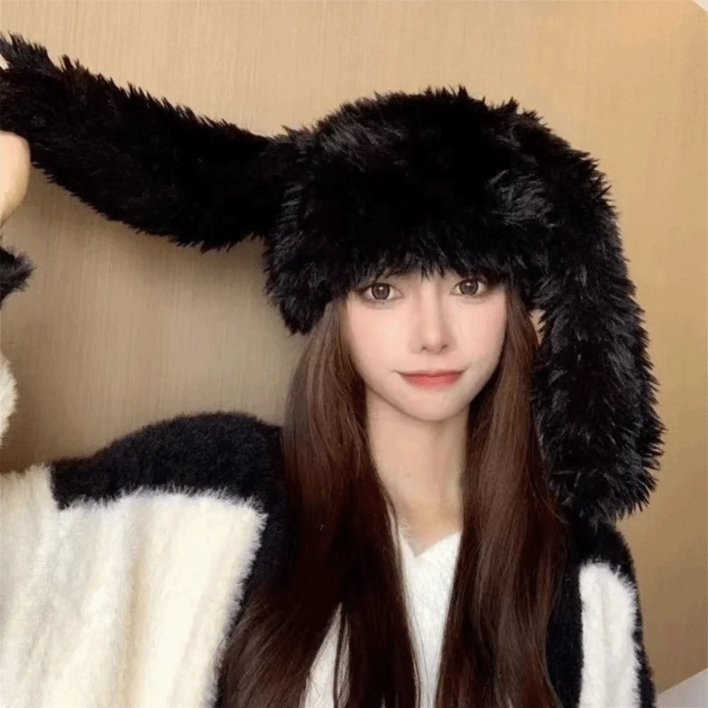 

Soft Solid Color Rabbit Ears Beanies Coldproof Bunny Plush Pullover Cap Long Ears Y2K Ear Protection Hat Autumn