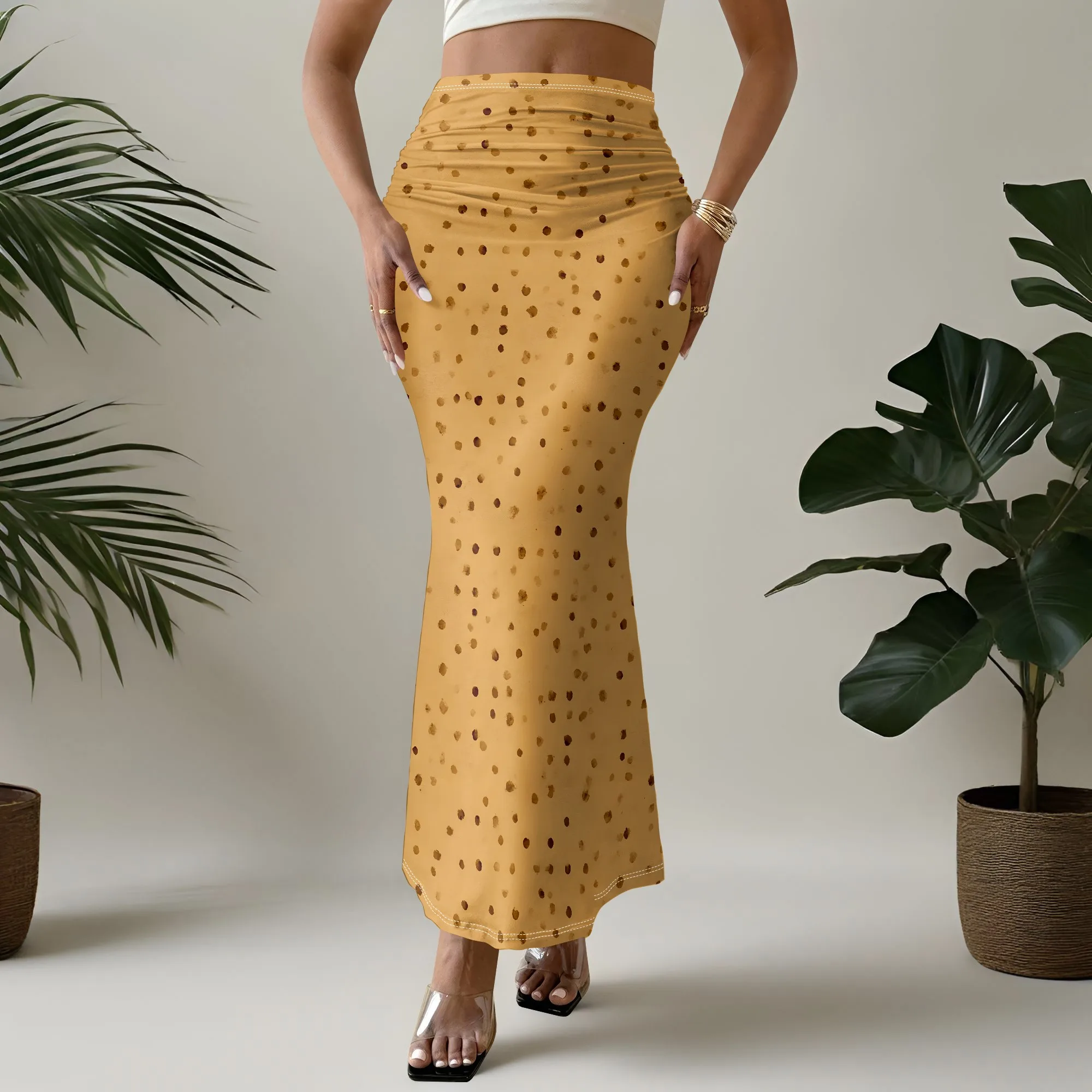 Polka Dot Print Mermaid Skirt, High Waist Ruched Maxi Skirt, Yellow Midi Skirt for Women, Summer Party Casual Wear, S-2XL