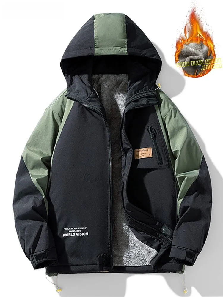 

Мужская зимняя куртка больших размеров с флисовой подкладкой, утепленная, для активного отдыха, модная, с цветными вставками, ветрозащитная, теплая, с капюшоном, на молнии