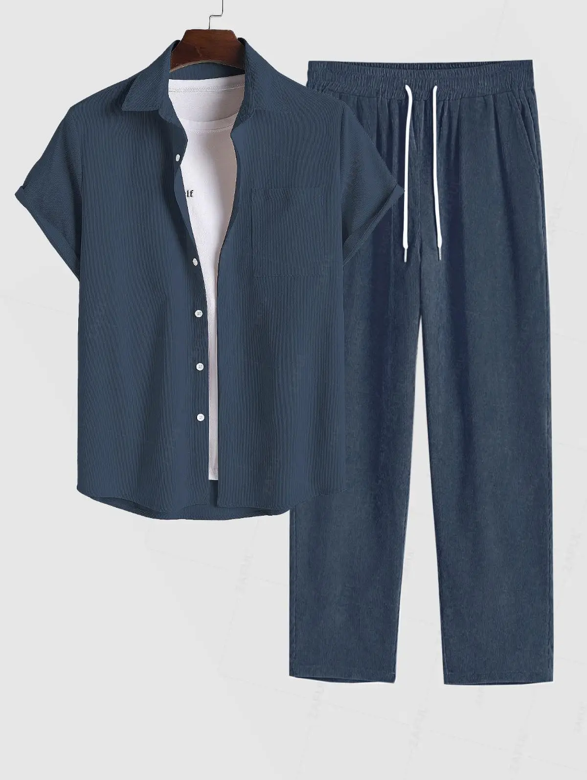 

ZAFUL Men's Front Pocket Design Solid Color Corduroy Short Sleeves Shirt and Minimalist Straight Leg Drawstring Casual Pants Set