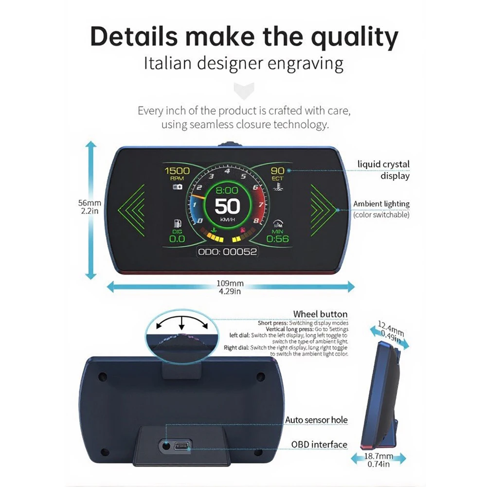 Car OBD2 HUD Display Speedometer RPM Gauge Voltage Temp Fuel Usage Oil Temp Air Fuel Ratio Brake Acceleration Testing Feature