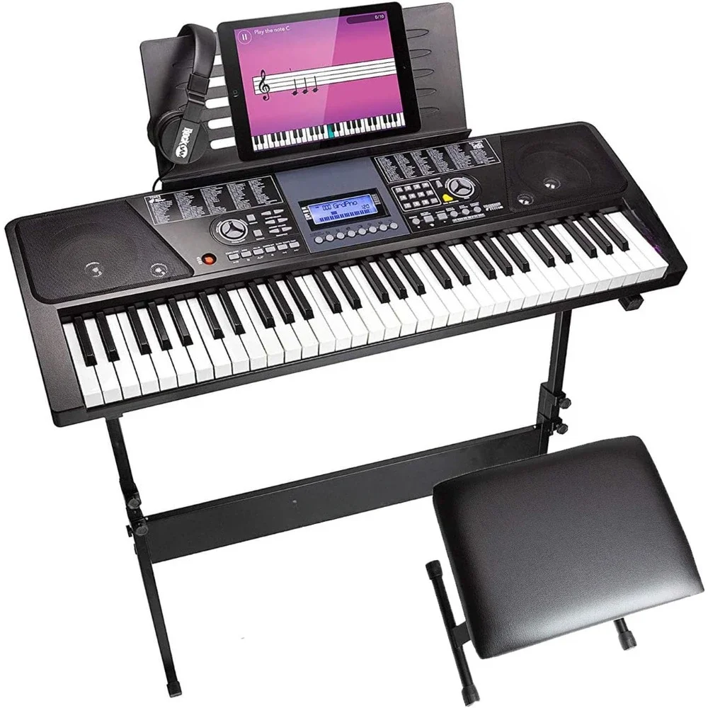 61 Key Keyboard Piano with LCD Display Kit, Stand, Bench, Headphones, Simply App & Keynote Stickers Keyboard Piano