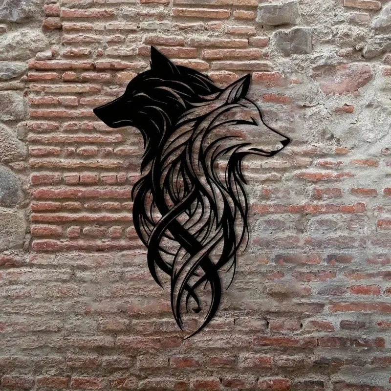 Conjunto de Esculturas Metálicas para Pared "Sombras de Lobos Gemelos" | Cabeza de Lobo en Blanco y Negro, Hierro Forjado, Regalo de Halloween y Navidad, Decoración para Sala de Estar/Oficina