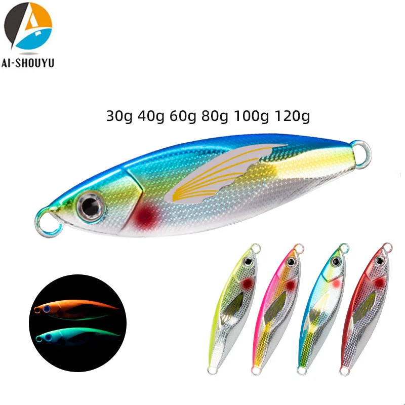 AI-SHOUYU Metal Jig Metal Slow Jigging Spoon 30g/40g/60g/80g/100g/120g Artificial Bait Lead Cast Saltwater Fishing Tackle