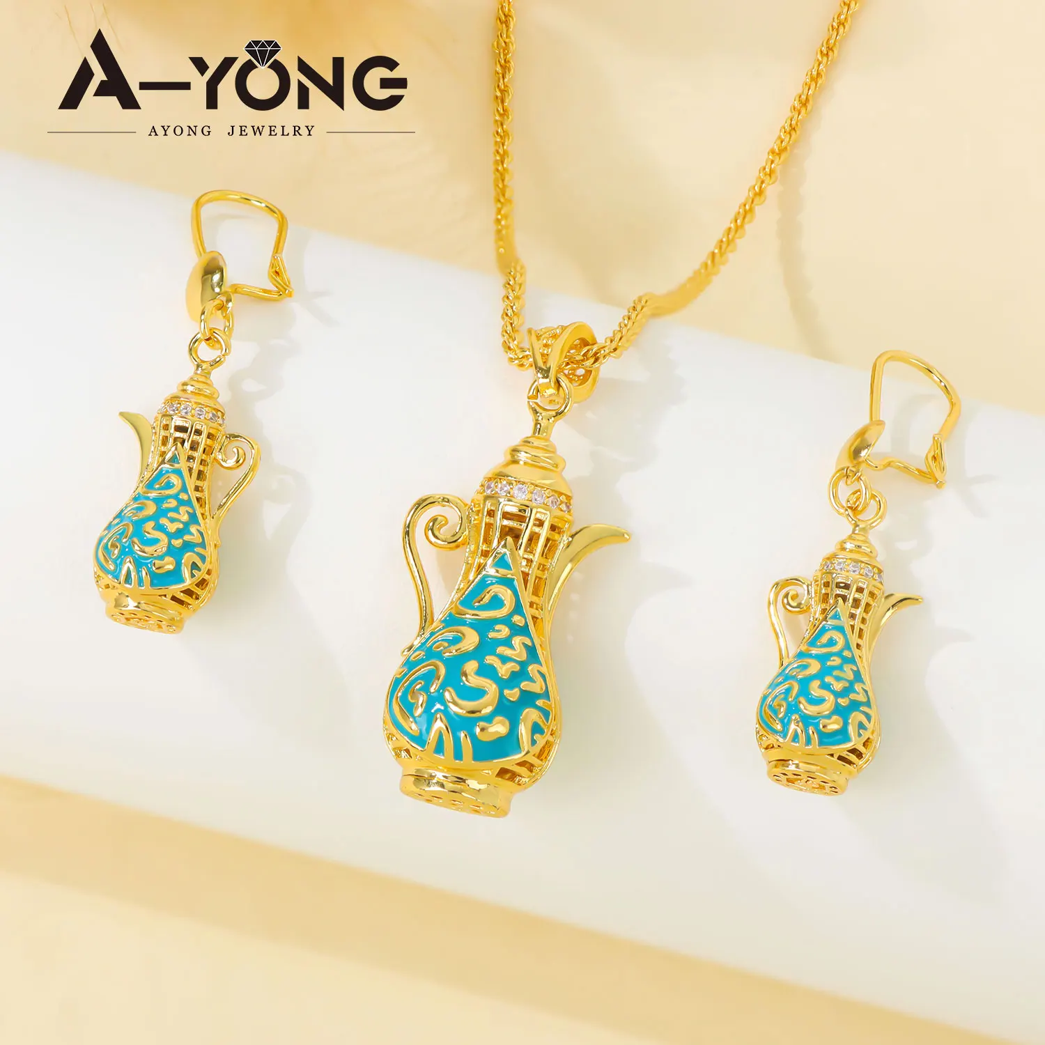 Arabisches Modeschmuck-Set 21k Vergoldet Äthiopische Exquisite Teekanne Halskette Ohrringe Dubai Damen Eid Event Party Schmuck – Detail 2