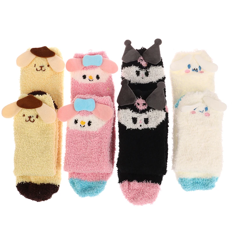 1Pair Cute Sanrio My Melody Kuromi Cinnamoroll Socks Women Floor Socks Coral Velvet Sweat Absorption Socks Keep Warm Girls Gift