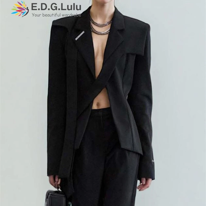 

EDGLuLu Women Fashion Turn-Down Collar Long Sleeved Blazer Coat Design Ribbon Waist Collection Black Suit Jacket 0626