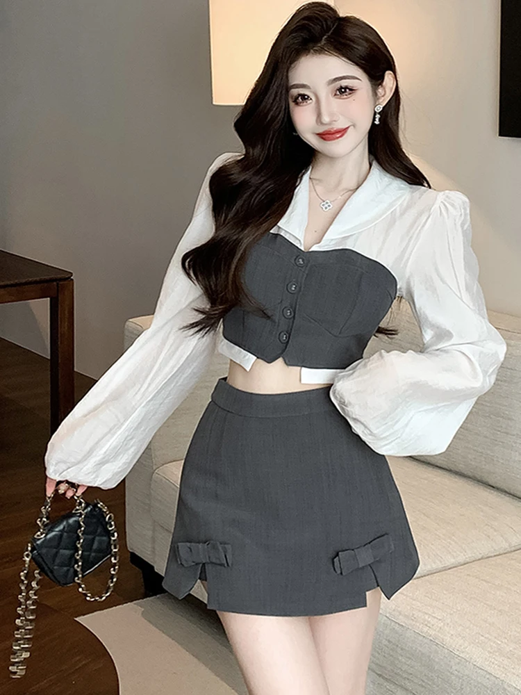 Two Piece Set Women Hit Color Splicing Puff Long Sleeve Slim Crop Tops + Bow Mini Skirt Outfits Korea Fashion Sweet Lady Clothes