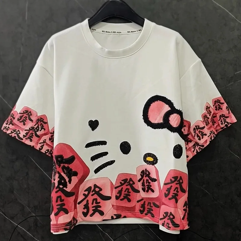 Camiseta de Manga Curta com Estampa de Desenho Animado para Mulheres, Estilo Casual Versátil e Doce, Y2K, 2025