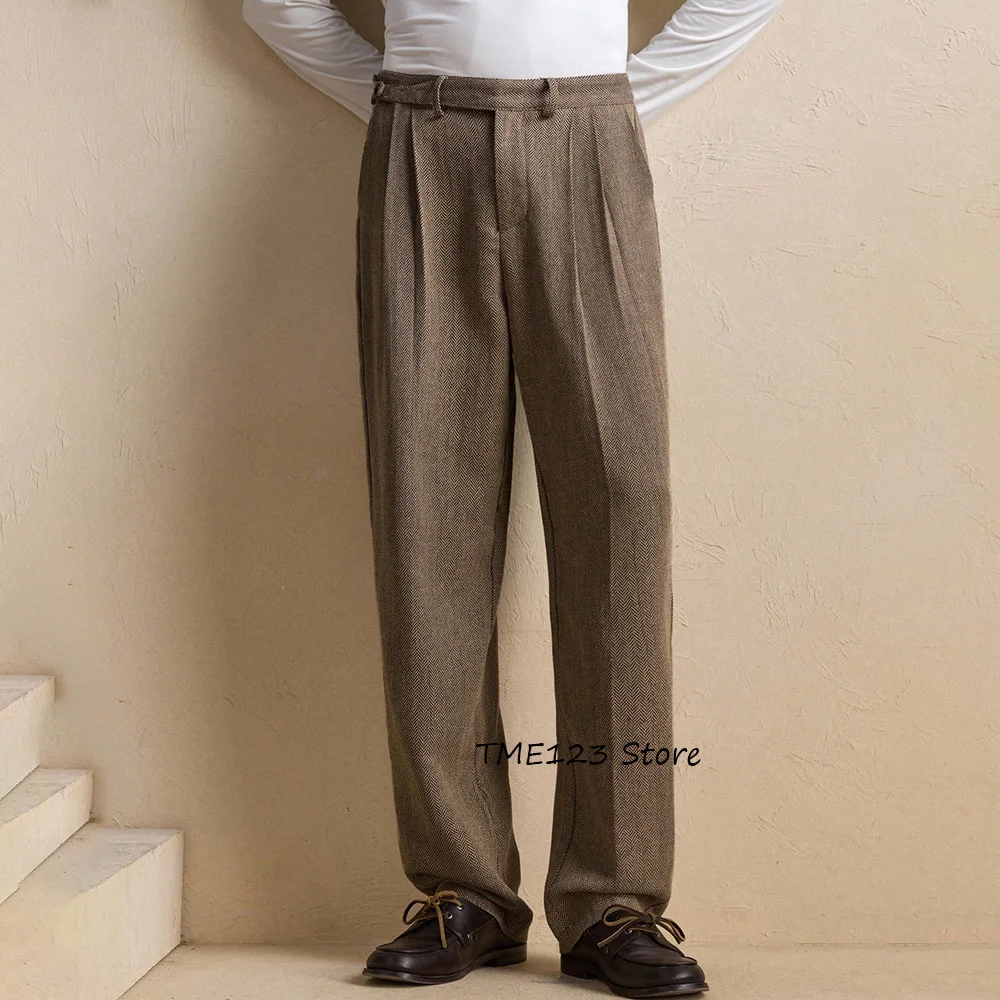 

Business Casual Men's Pants Trouser for Man Trousers Vintage Herringbone Fabric Comfortable Straight Leg Work Tailoring Classic