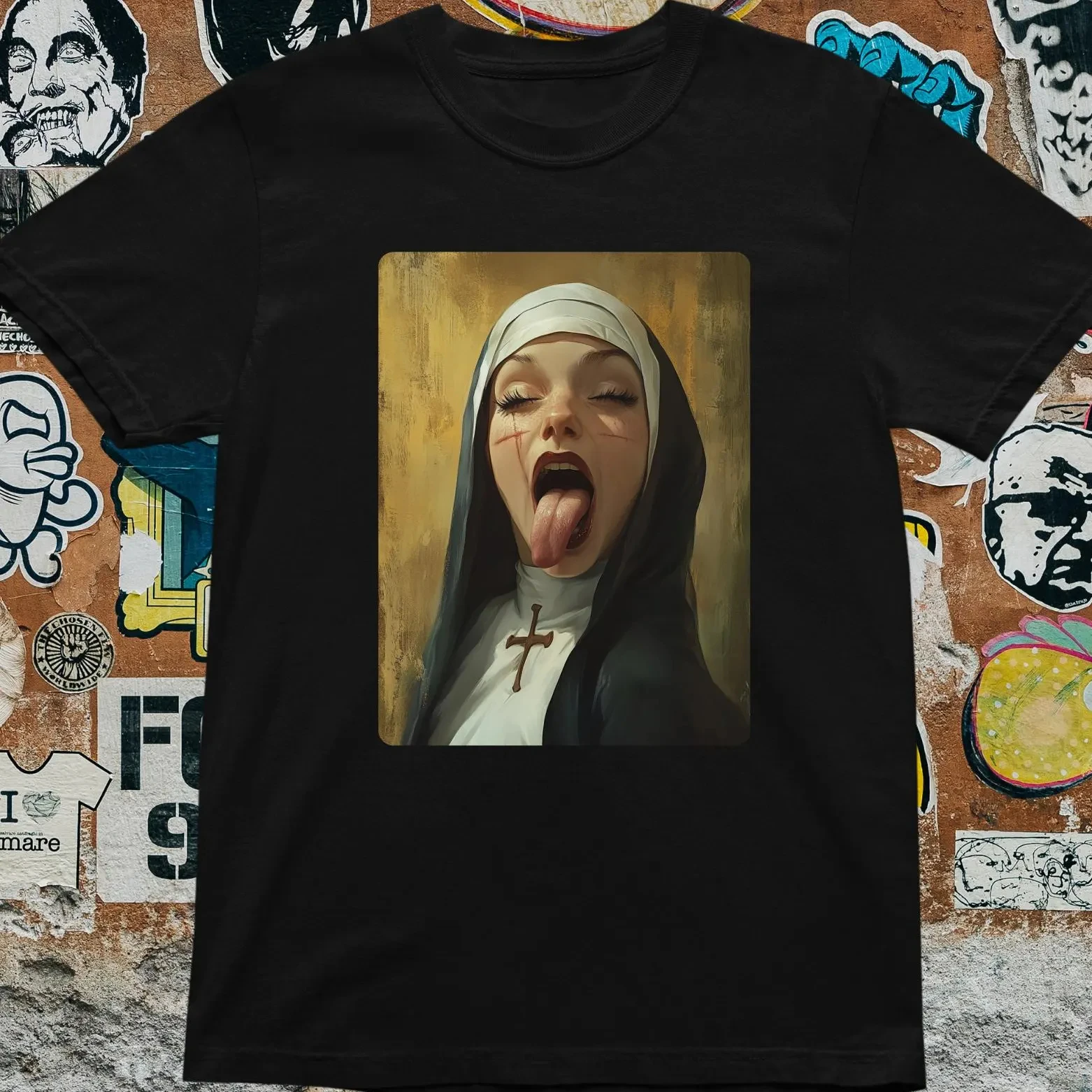 

Rebellious Nun T-Shirt: Edgy Gothic Religious Art Unisex Tee Graphic T Shirts Retro Streetwear Neck Short-sleeved Men's T-shirt