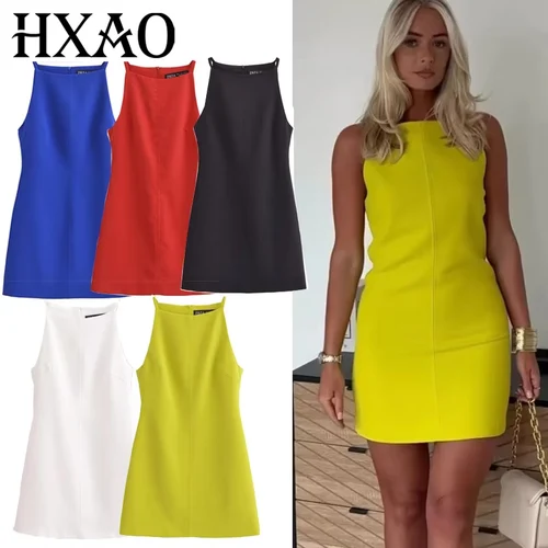 HXAO nuevo vestido blanco negro para mujer con hombros descubiertos vestidos cortos con cuello Halter vestidos de fiesta elegantes de verano ceñido al cuerpo Mini vestido rojo azul