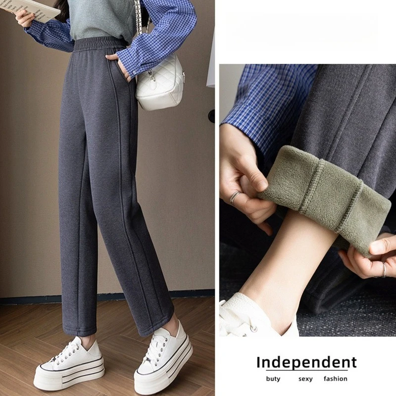 Pantalones de traje con forro polar de cintura alta para mujer, pantalones pitillo Harem de lana para oficina para mujer, pantalones femeninos de estilo OL, pantalones elásticos gruesos