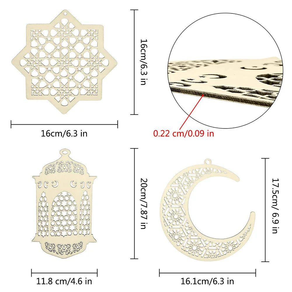 6 Pieces Wooden Cutout Pendants For Ramadan Decor DIY Eid Al-Fitr Hanging Ornaments Home Garden Decoration