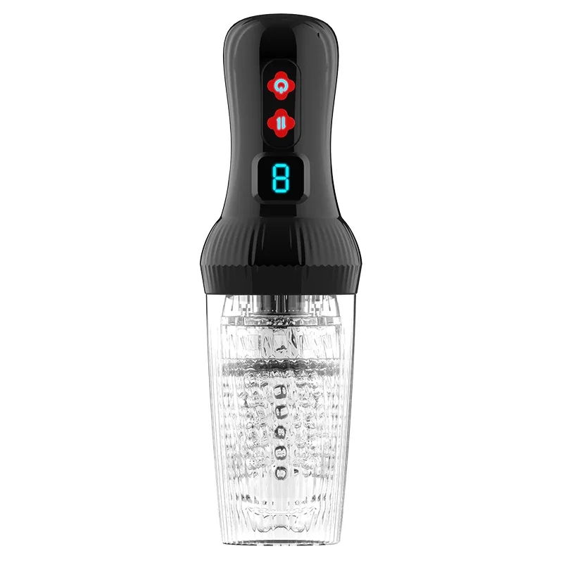 An electric male blowjob masturbator with 9 types of rotation and thrust dense bump stimulation transparent design male sex toy