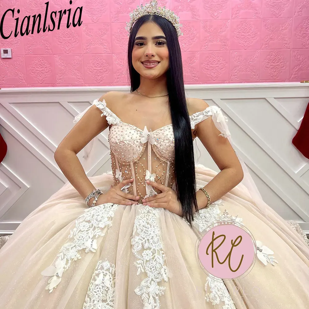 Vestido De baile De quinceañera con perlas De ilusión champán, apliques De hombros descubiertos, corsé De encaje, 15 Años