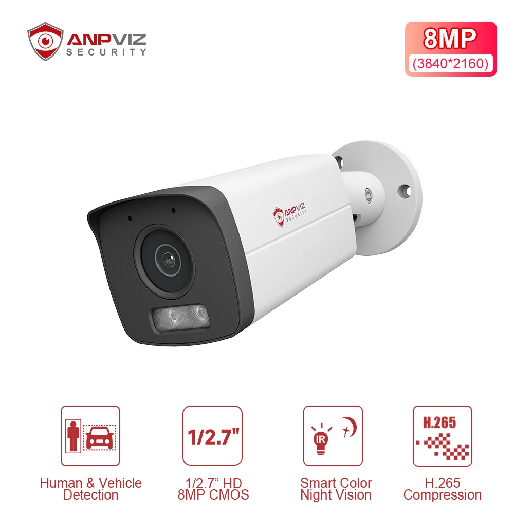 

Anpviz 4K PoE IP-камера-пуля с интеллектуальной двойной подсветкой, цветным ночным видением, для наружного и внутреннего использования, MD2.0, встроенный микрофон, металлический корпус, IP66