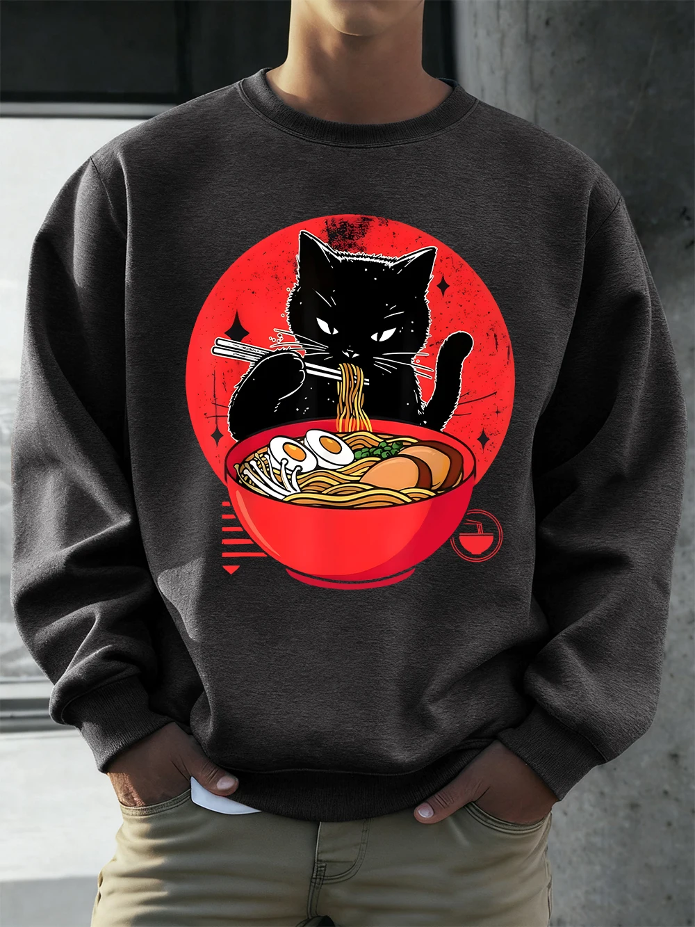 Sudaderas con capucha para hombre con estampado de Cat Enjoy Lamian Noodles, sudadera cálida de lana para otoño, jersey coreano de cuello redondo de gran tamaño, ropa básica para hombre
