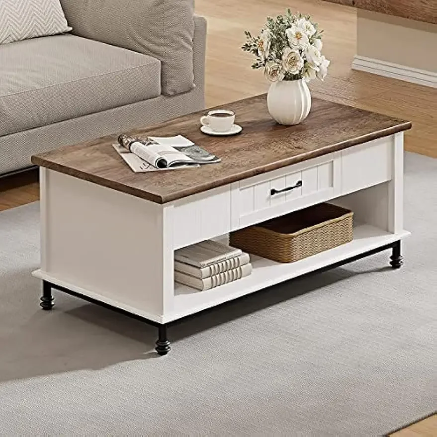 WAMPAT White Coffee Table with Drawer, Rectangle Center Table with Open Storage Shelf for Living Room, Modern Coffee Table Tea