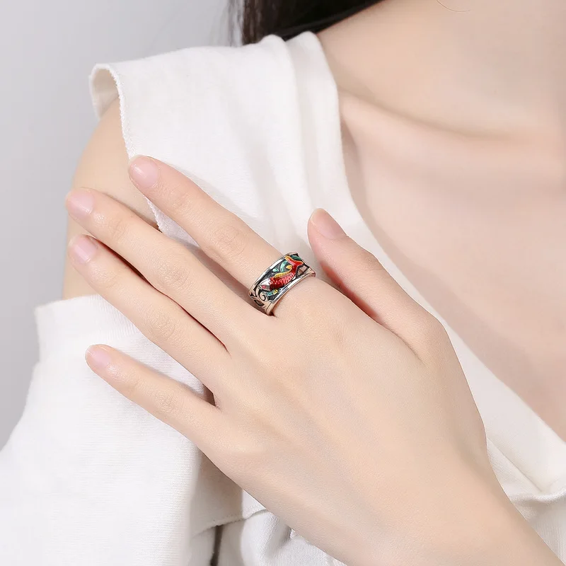 Retro Ethnic Style Enamel Carp Ring Female Index Finger Accessories Personality Buddhist Sutras Blessing  Women Jewelry Ring