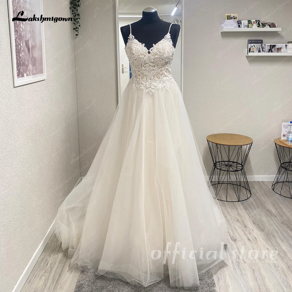 Lakshmigown Elegantes Tüll A-Linien-Hochzeitskleid Sexy V-Ausschnitt Spitzenapplikationen Brautkleid Spaghettiträger Boho Vestido Maßanfertigung – Detail 5