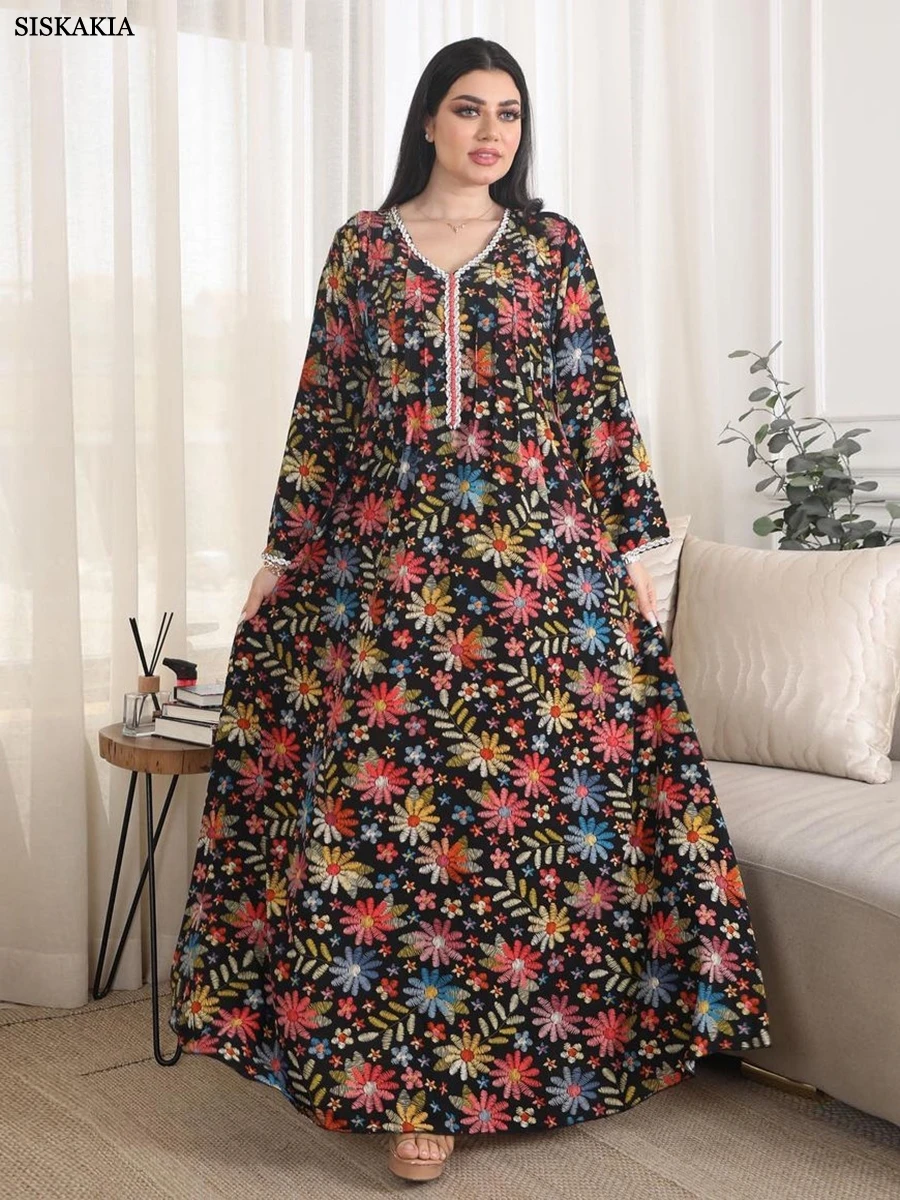 Siskakia Turkish Abaya For Woman Chic Diamonds Printing Muslim Clothing Kuwaiti Loose Full Sleeve Dubai Moroccan Islamic Robe