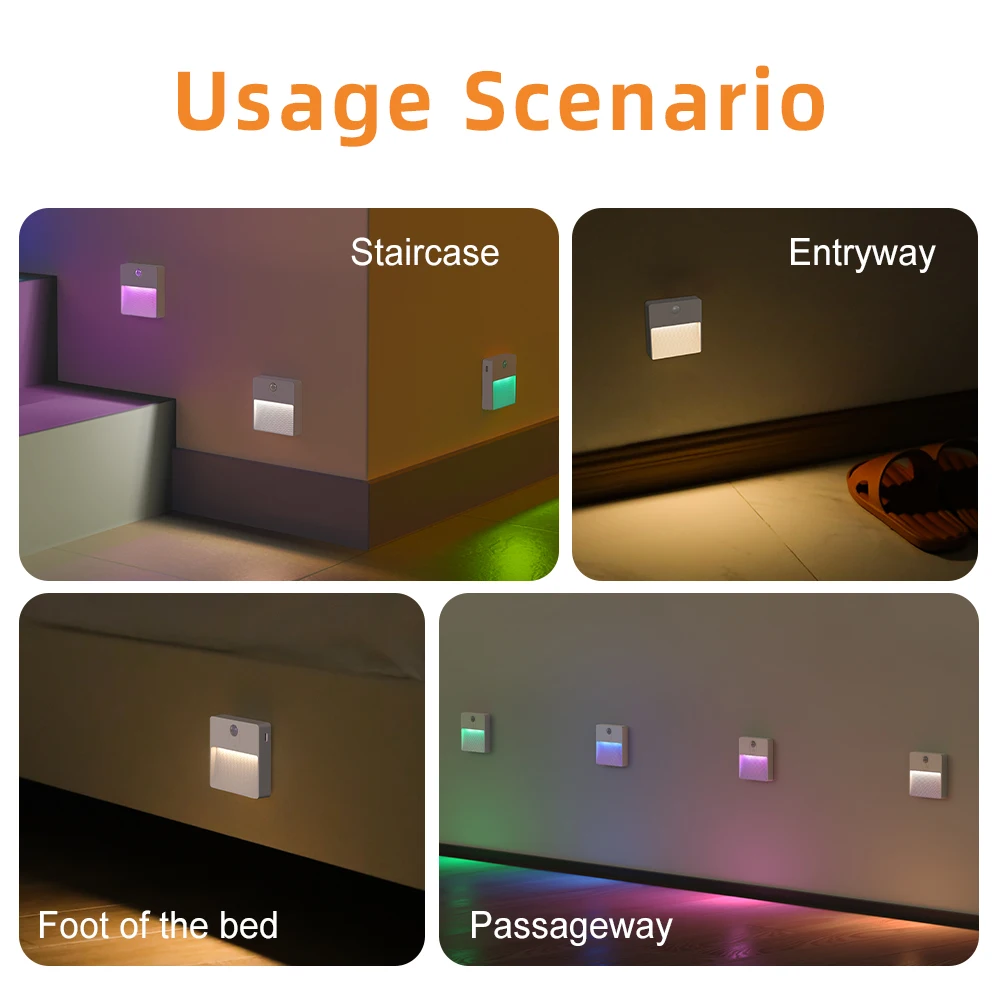 Motion Sensor Led Light Usb Charging Square Lamp for Bedroom Kitchen Stair Hallway Wardrobe Cupboard Lighting RGB Night Light