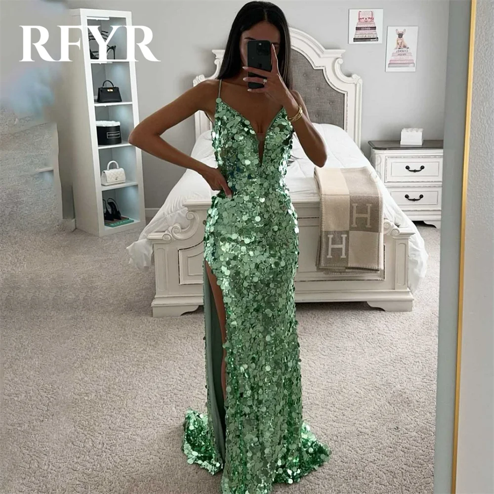 RFYR Simple Green Party Dress Mermaid Sexy Night Dresses with Pleats Satin Spaghetti Strap Celebrity Dresses vestidos de fiesta