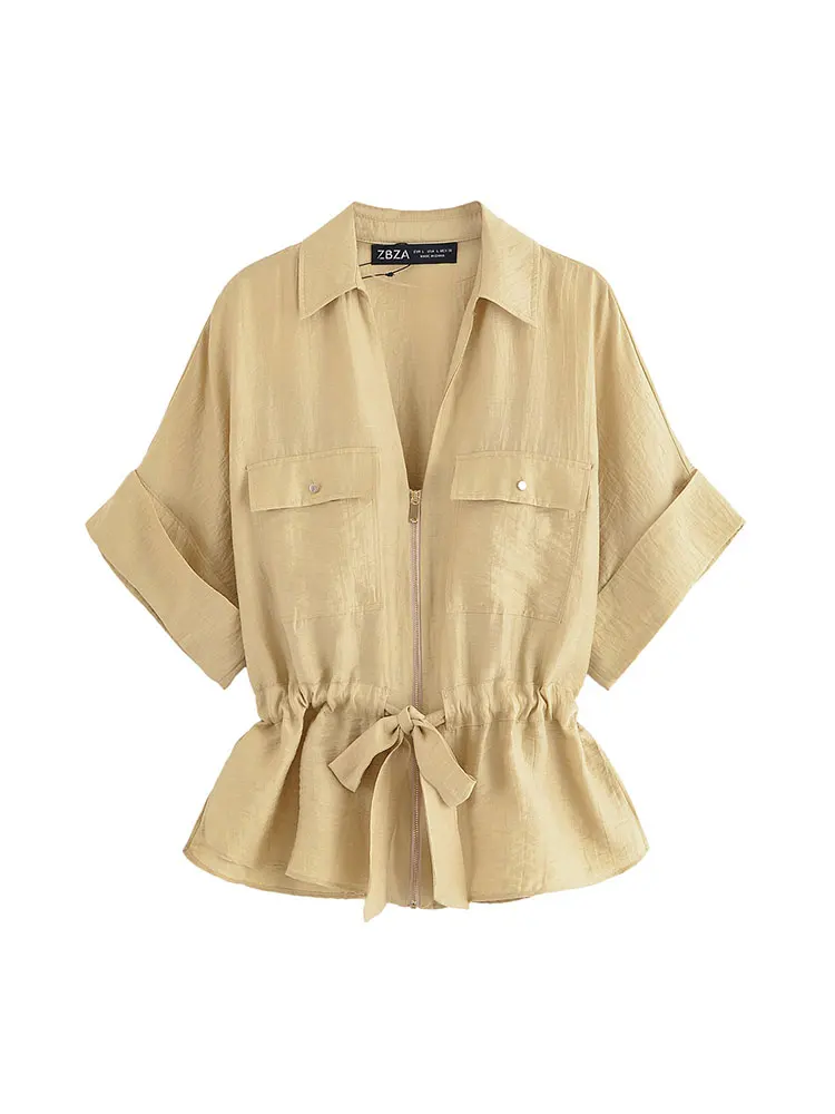 Nlzgmsj 2025 verão elasticidade cintura casual feminino terno com zíper blusa calças retas moda férias conjuntos de duas peças