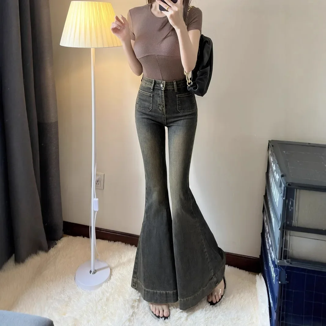 المرأة خمر عالية الخصر جرس أسفل الجينز النساء ربيع الخريف الرجعية غسلها سليم نحيل الدينيم السراويل الشارع الشهير بناطيل كاجوال