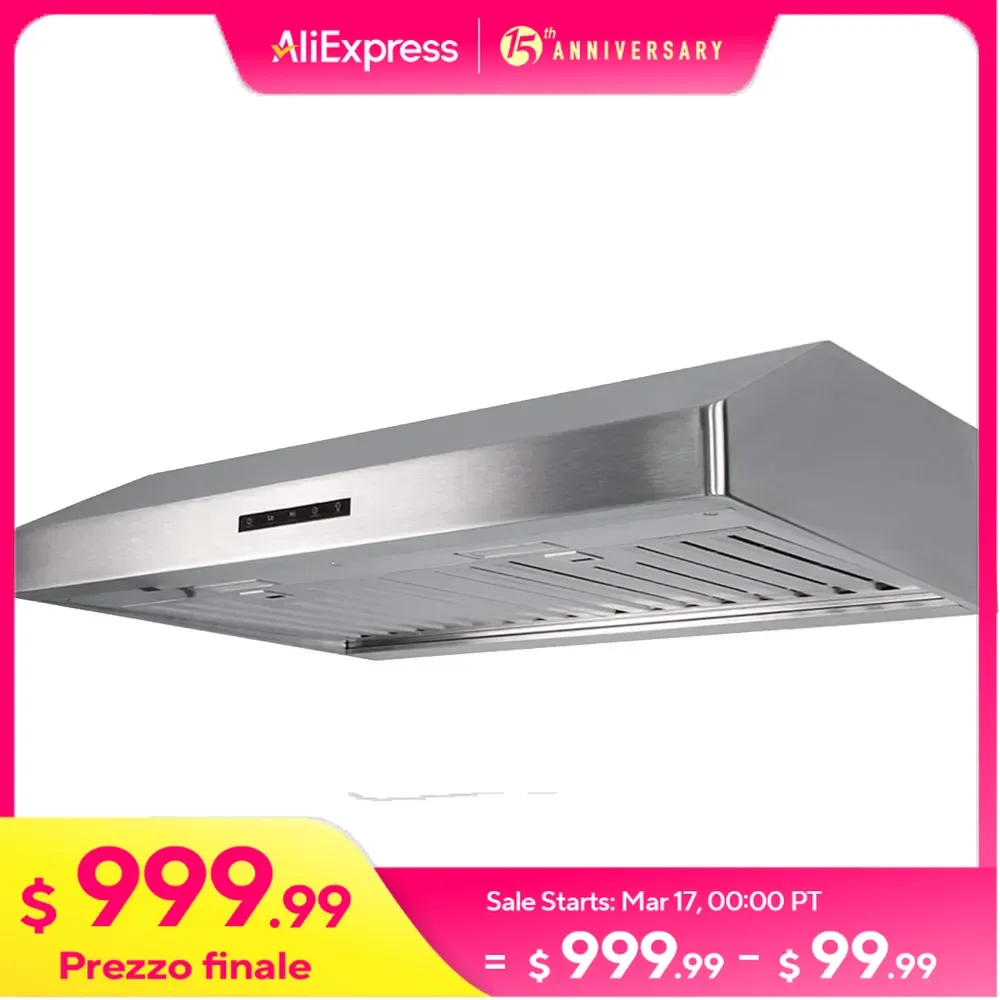 Poderosa Cozinha Exaustor, 30 "Gama Hood, 850 CFM, 3 velocidades, Ultra Silencioso, Controle de Toque de Vidro, 6W Luzes LED