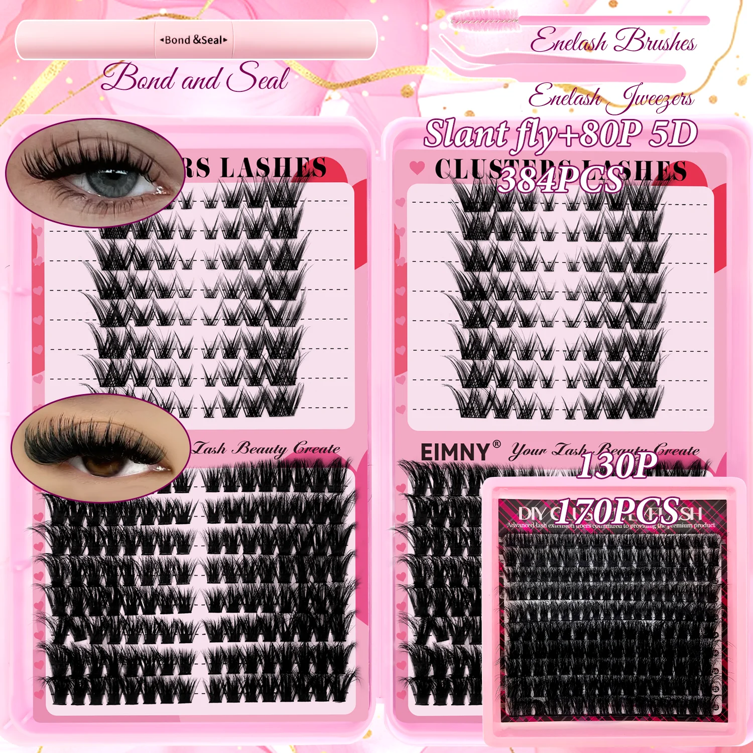 EIMNY 170/384PCS Fluffy Cluster Lash All-In-One Kit 3 Style Options Fit Daily Makeup, Party Glam And Romantic Date Night Styles