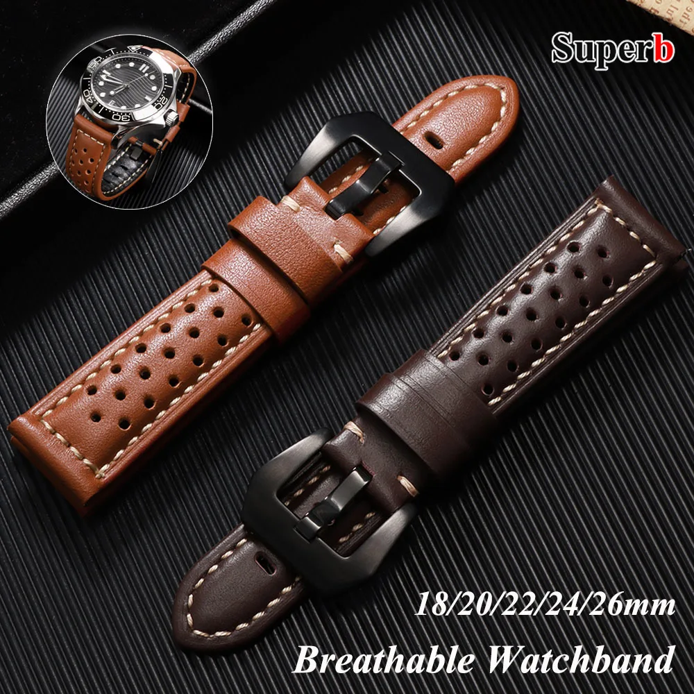

18mm 20mm 22mm 24mm 26mm Handmade Cowhide Breathable Leather Watch Band for Omega Men's Strap Watchband for Panerai Accessories