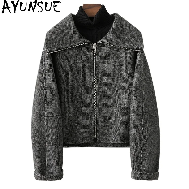 AYUNSUE-Veste courte en laine véritable pour femme, vêtements d'hiver, combinaison tendance pour femme, 100% laine, nouveau, 2024