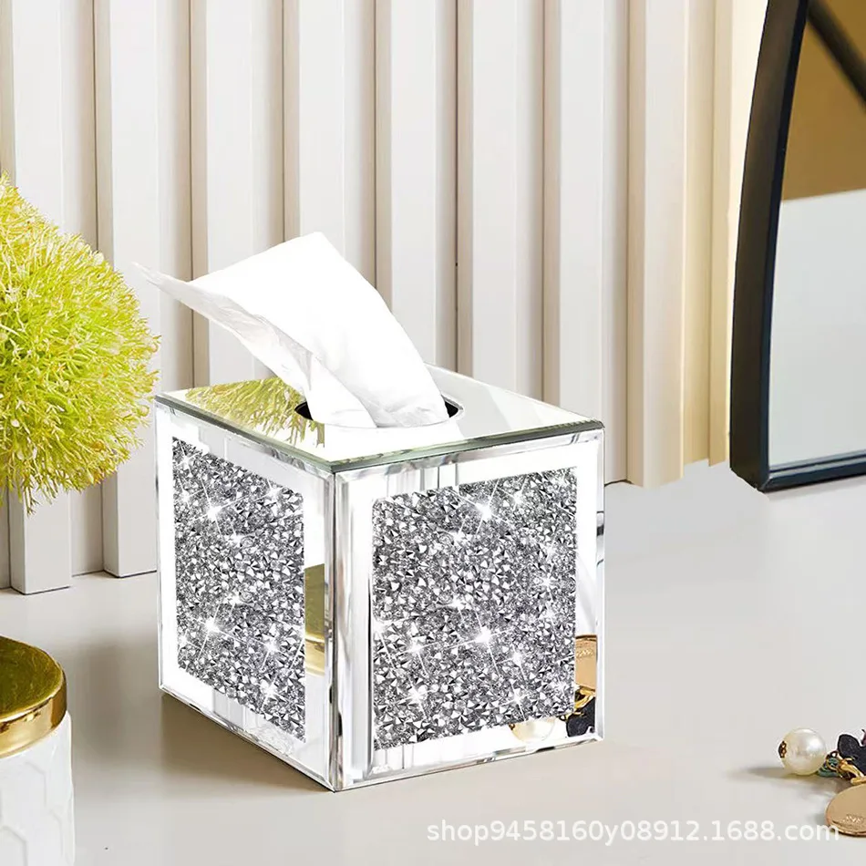 Crystal Diamond Decorated Glass Mirror Tissue Box Holder Square Bling Napkin Storage Rack Home Decoration - view 2