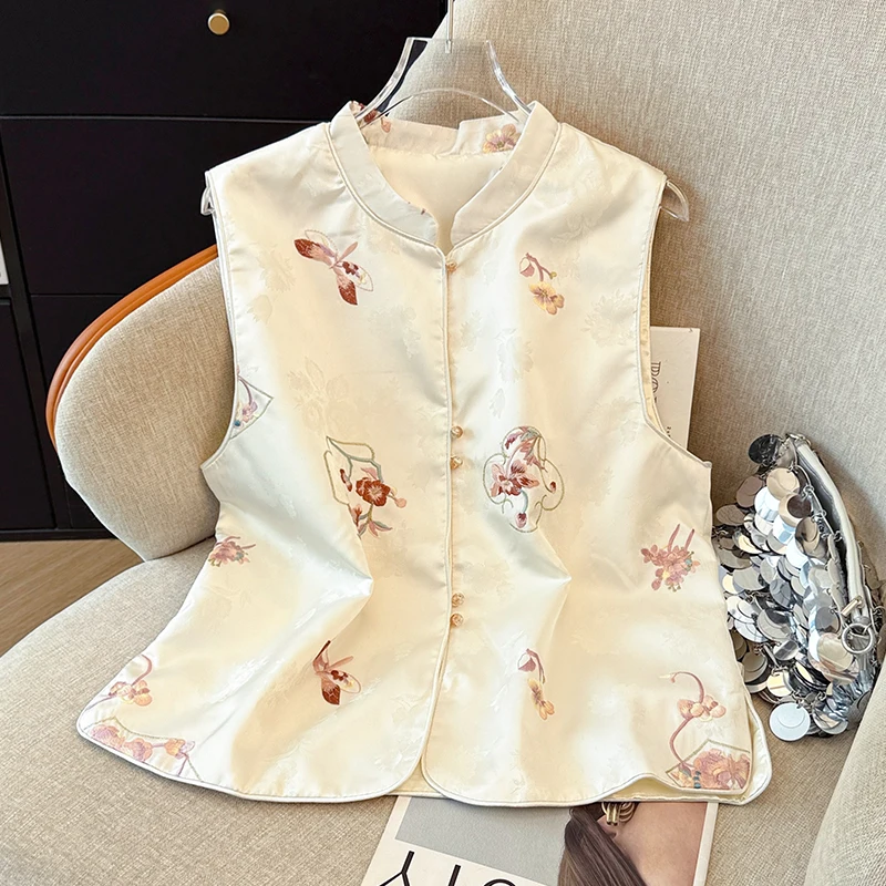 

New 2026 Spring Autumn plus Size Women's Embroidered Floral Jaet Vest Chinese Sle Top Outerwear Commute Sle P...