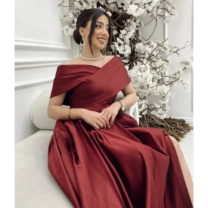 Borgonha cetim vestido de noite fora do ombro fenda a linha plissado vestido de baile para mulher vestido de festa vestdos de fiesta personalizado