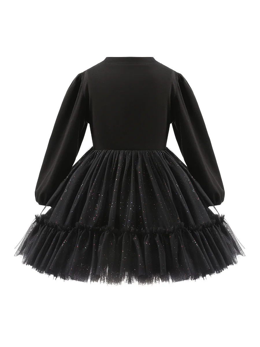 Girls Autumn New Black Colorful Sequins Mesh Princess Dress Cute Lace Splicing Long Sleeves Dress Girl Clothes Halloween Dress