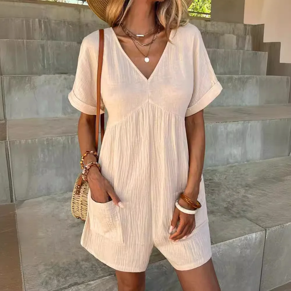 2024 summer European and American fashion solid color V-neck, loose bat sleeve pocket zipper short sleeve jumpsuit