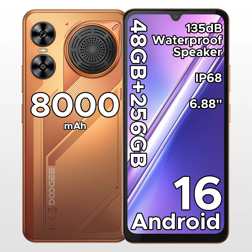 DOOGEE M30 Ai Smartphone 6.88" IP68 Waterdicht Android 16 8000mAh Batterij 48GB RAM (6+42) 256GB ROM 64MP Camera Widevine L1 Google Pay Ondersteuning met 135dB Grote Amplitude Speaker