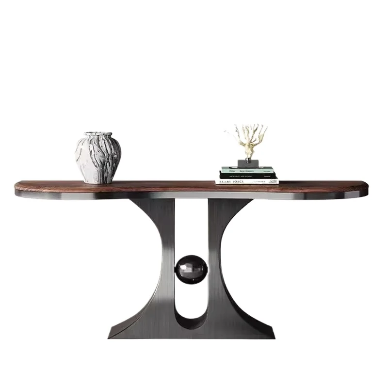 

New Chinese-style North American black walnut closing table, light luxury stainless steel entrance table, against the wall
