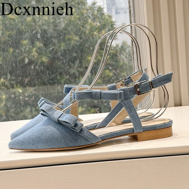 

2024 Summer New Women's Solid Color Denim Bow Decoration Simple Pointed Sandals Fashionable and Comfortable Commuter Flatshoes